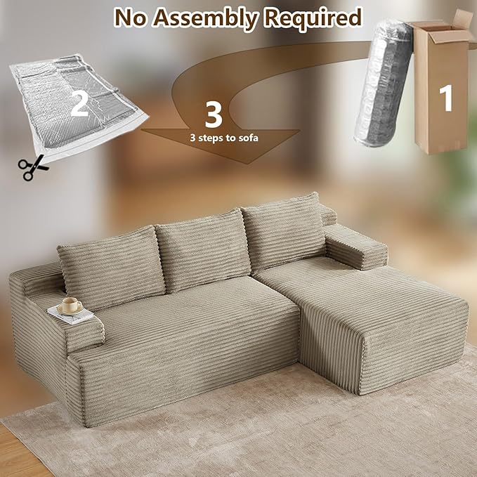 96.1" Modular Sectional Sofa Couches L-Shape Couch 3 Seat Modular Sofa Corduroy Memory Foam Sectional Boneless Couches for Living Room, Cloud Couch with Oversized Chaise(Camel, Right Facing)