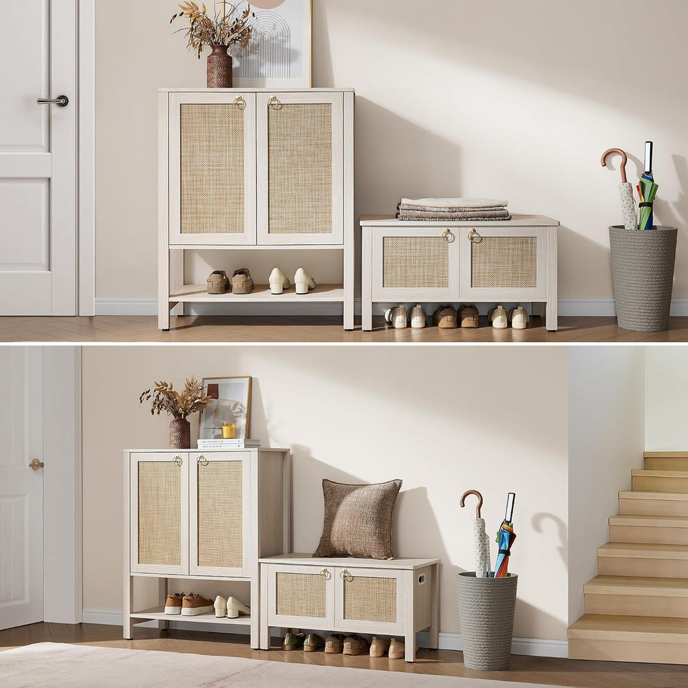 SICOTAS Rattan Shoe Rack Bench with Lift Top Storage: White Farmhouse Boho Sh...