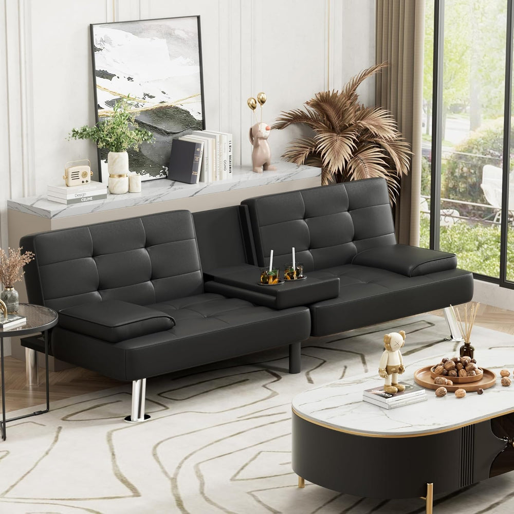 JUMMICO Faux Leather Futon Sofa Bed Futon Couch with Removable Armrests Adjus...