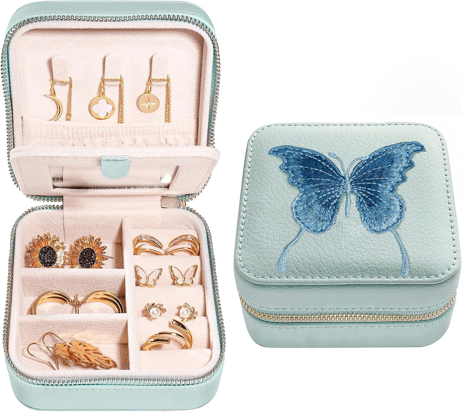 S.Leaf Travel Jewelry Organizer Boxes for Women Small Portable Necklace Earrings Bracelet Rings Travel Case Best Friend Birthday Gifts for Women Trendy (Butterfly_Hazeblue_Blue)