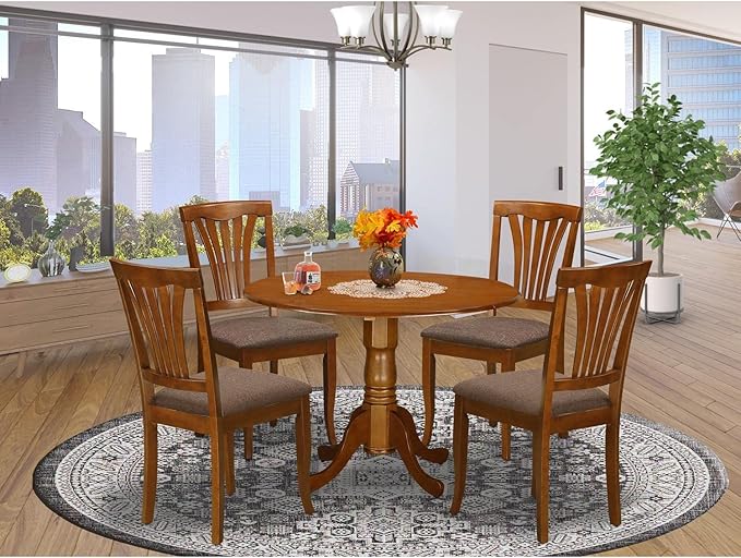 East West Furniture DLAV5-SBR-C 5 Piece Dinette Set for 4 Includes a Round Dining Table with Dropleaf and 4 Linen Fabric Dining Room Chairs, 42x42 Inch, Saddle Brown