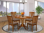 East West Furniture DLAV5-SBR-C 5 Piece Dinette Set for 4 Includes a Round Dining Table with Dropleaf and 4 Linen Fabric Dining Room Chairs, 42x42 Inch, Saddle Brown