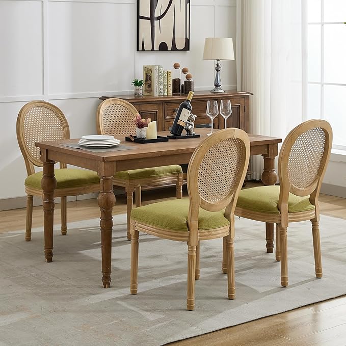 French Country Dining Chairs Set of 4, Olive Green Kitchen & Dining Room Chairs Set of 4, Rattan Dining Chairs, Cane Back, Wood Legs, Sillas De Comedor (Rattan, Olive Green, 4Pcs)