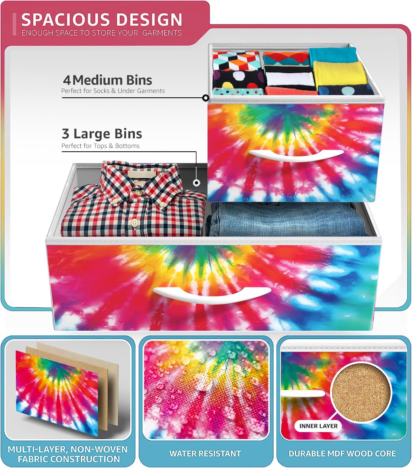 Sorbus Dresser with 7 Drawers - Furniture Storage Chest for Kid’s, Teens, Bedroom, Nursery, Playroom, Clothes, Toys - Steel Frame, Wood Top, Tie-dye Fabric Bins (7-Drawer, Tie-dye)