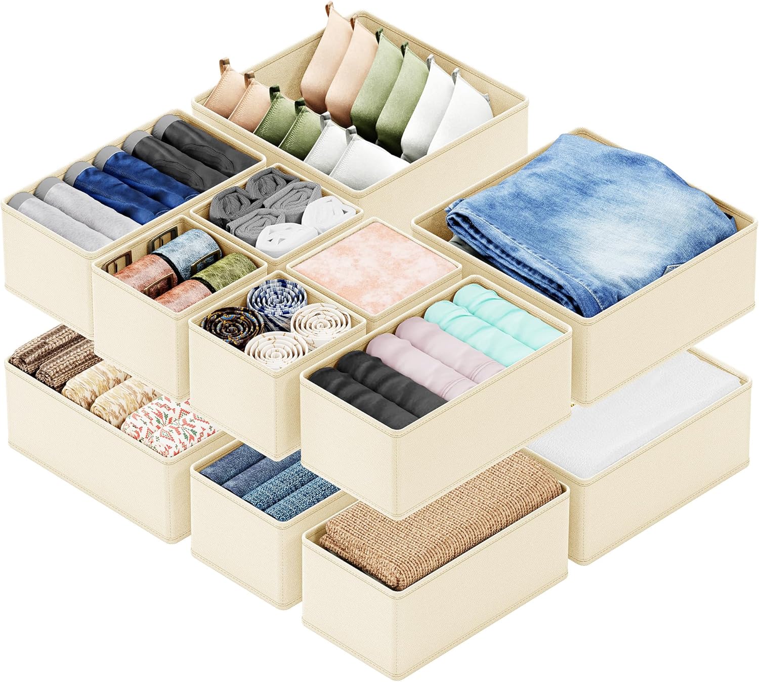 SpaceAid Drawer Organizer Clothes, 12 Pack Dresser Organizer Bins for Nursery, Closet Organization and Storage Dividers for Clothing, Baby Clothes, Underwears, Socks (Beige)