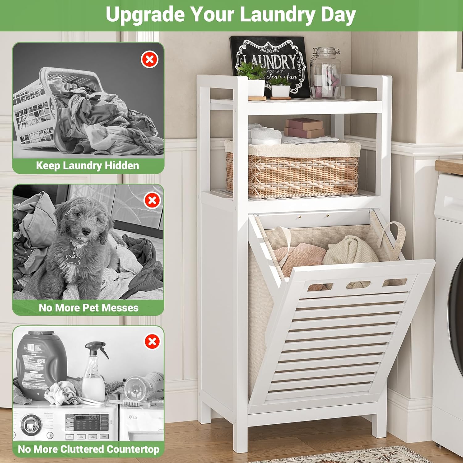 Homykic Tilt Out Laundry Hamper, 10 Gal Bamboo Laundry Storage Cabinet with Removable Basket, Hidden Hamper Organizer with Shelf for Dirty Clothes, Bathroom, Laundry Room, Space Saving, White