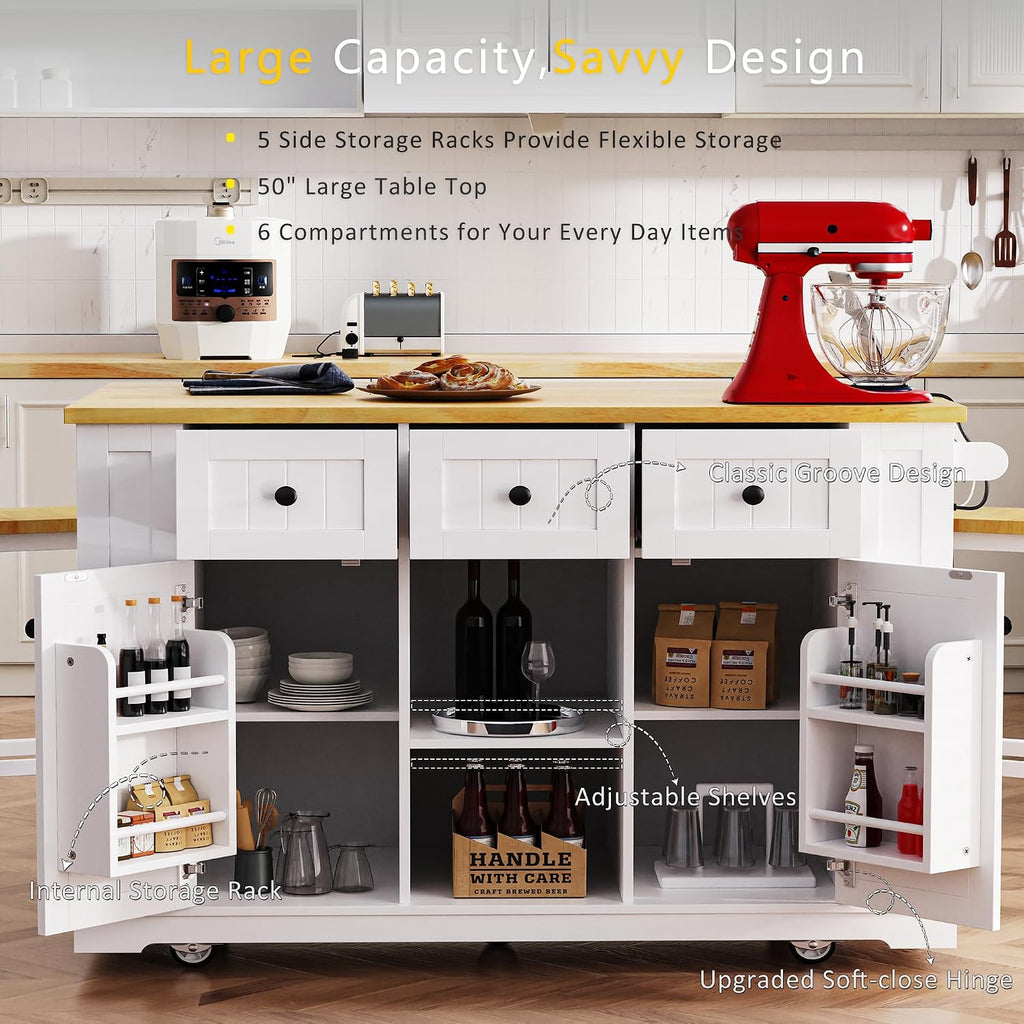 Rolling Kitchen Island with Drop Leaf & Power Outlet, Large Kitchen Islands Cart on Wheels, Movable Kitchen Island with 5 Open Storage Shelves & Towel Rack for Kitchen, Dining Room, 53-Inch, White