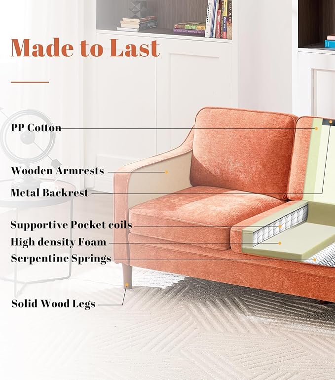 Kingfun Living Room Furniture Sets, 3 Seater Couch and 2 Armchair, Mid Century Modern Sofa Set, Chenille Couch with Solid Wood Frame for Living Room & Bedroom, Orange