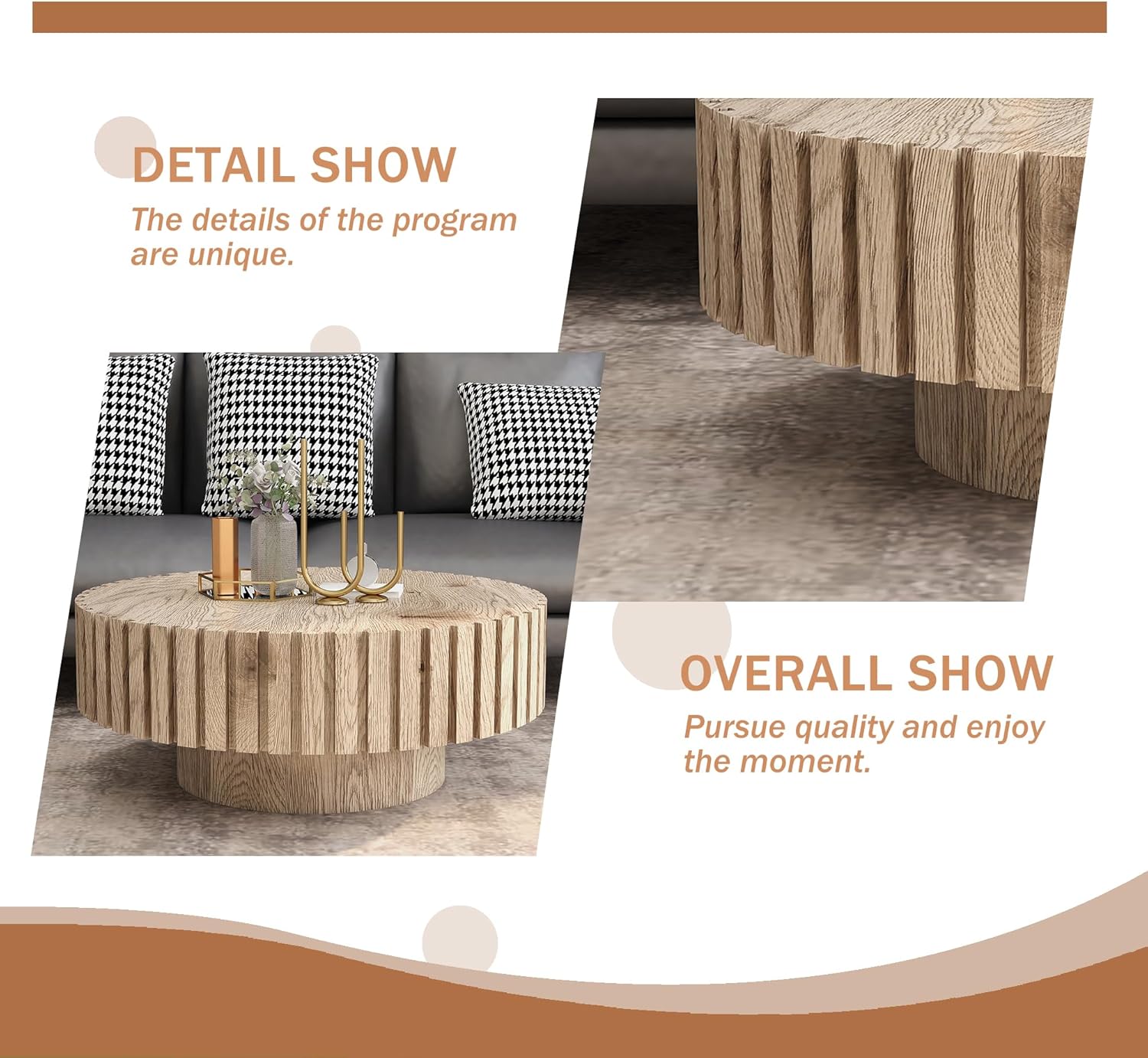 Round Wood Coffee Table for Living Room Modern Rustic Fluted Solid Wood Coffee Table Pedestal Center Table Circle Tea Tables for Apartment Easy Assembly(31.5''Oak Natural)
