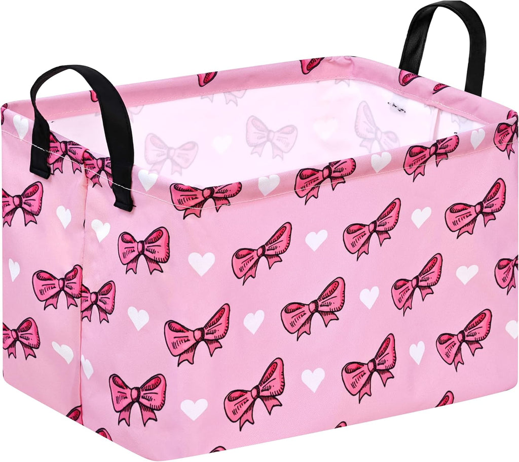 Storage Basket Home Shelf Basket Kids Organizer Box Clothes Laundry Hamper Nursery Bin Gift Laundry Basket with Handles Pink Bowknot Pattern for Home
