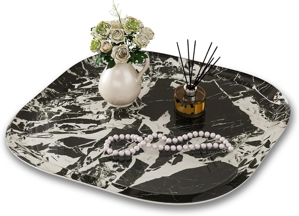 Vanity Decorative Tray, 12" x 12" Black Marble Pattern Perfume Tray, Bathroom Tray Countertop Organizer for Soap Towel, Jewelry, Candle