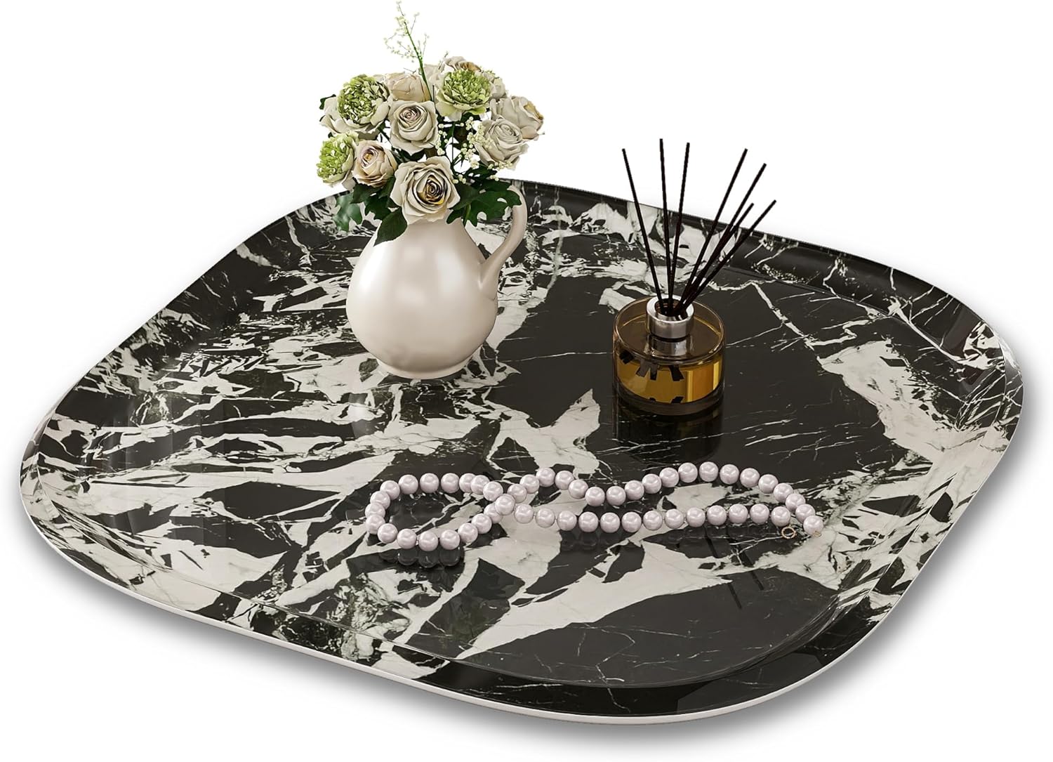 Vanity Decorative Tray, 12" x 12" Black Marble Pattern Perfume Tray, Bathroom Tray Countertop Organizer for Soap Towel, Jewelry, Candle