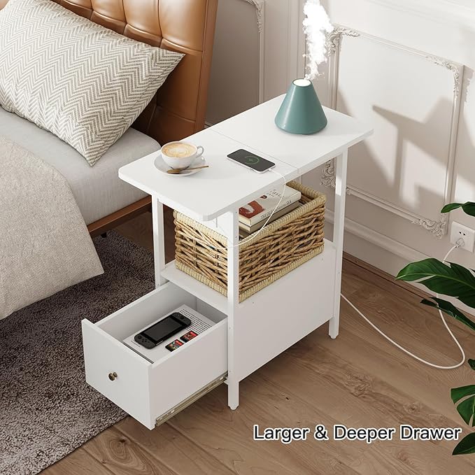 LIDYUK End Table with Charging Station, Narrow Side Table with Drawer and USB...