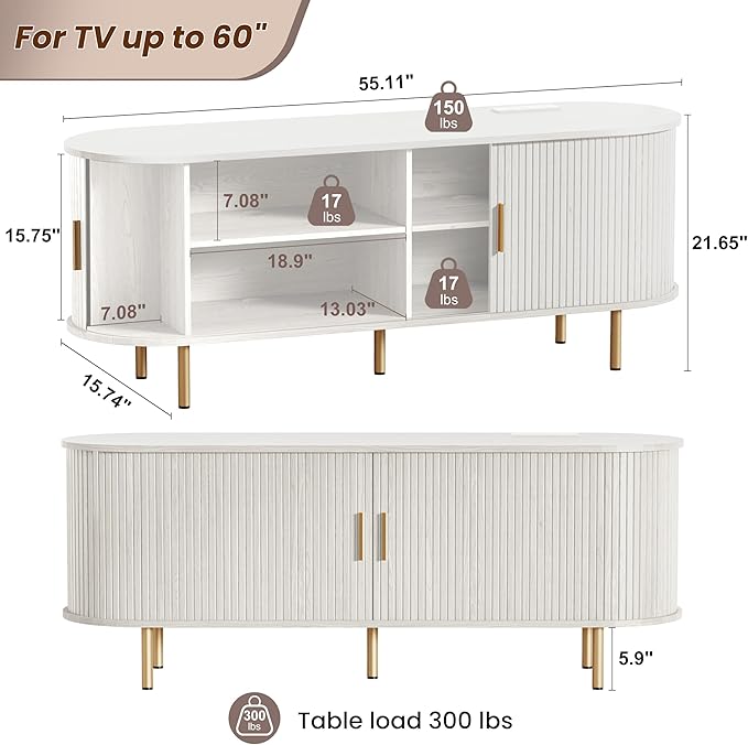 DHH 55 Inch Mid Century Modern TV Stand with Power Outlet for TVs up to 60 Inch, Entertainment Center with Storage and Adjustable Shelves, Media Console with Sliding Doors for Living Room(White)