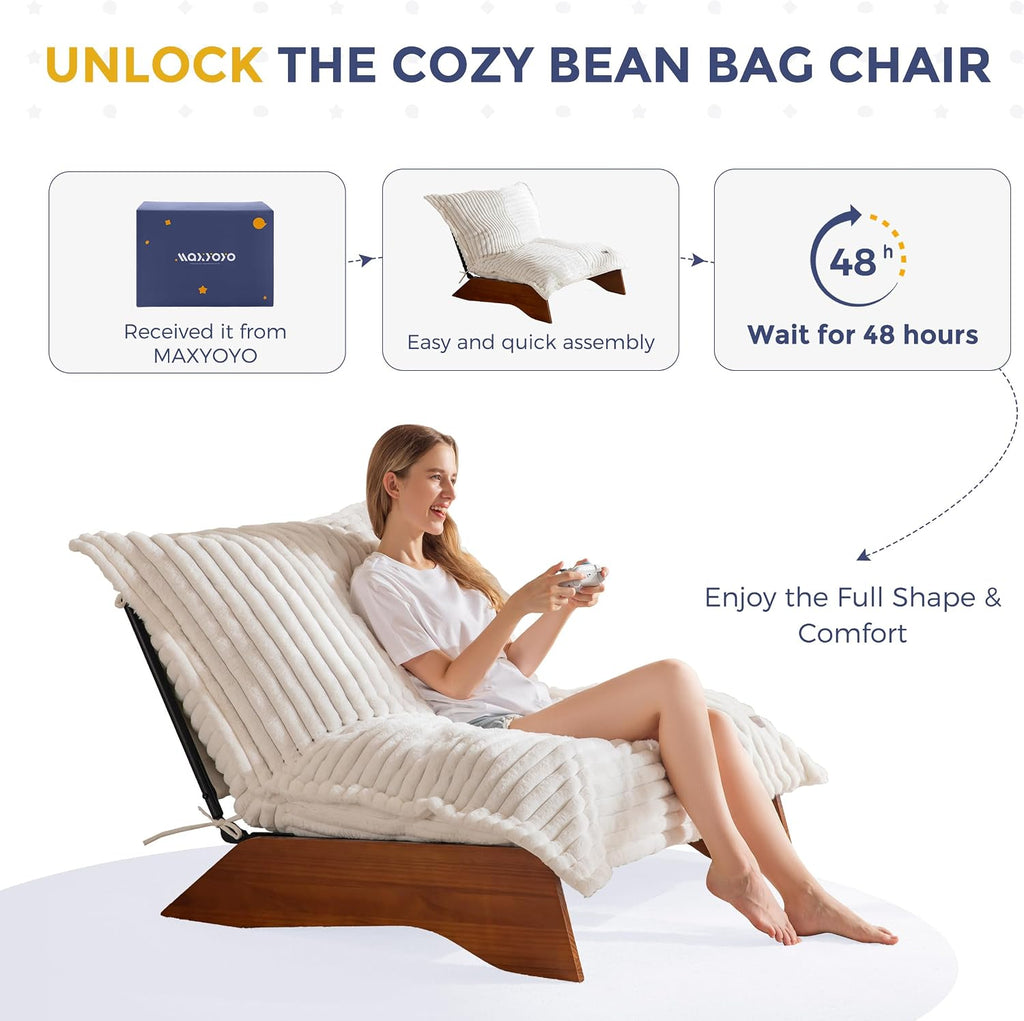 MAXYOYO Adjustable Living Room Chair, 3-Position Bean Bag Chair with Frame | Upholstered Accent Chair with Frame, Removable Cushion, Soft Reclining Lounge for Bedroom, Apartment, Office, Beige