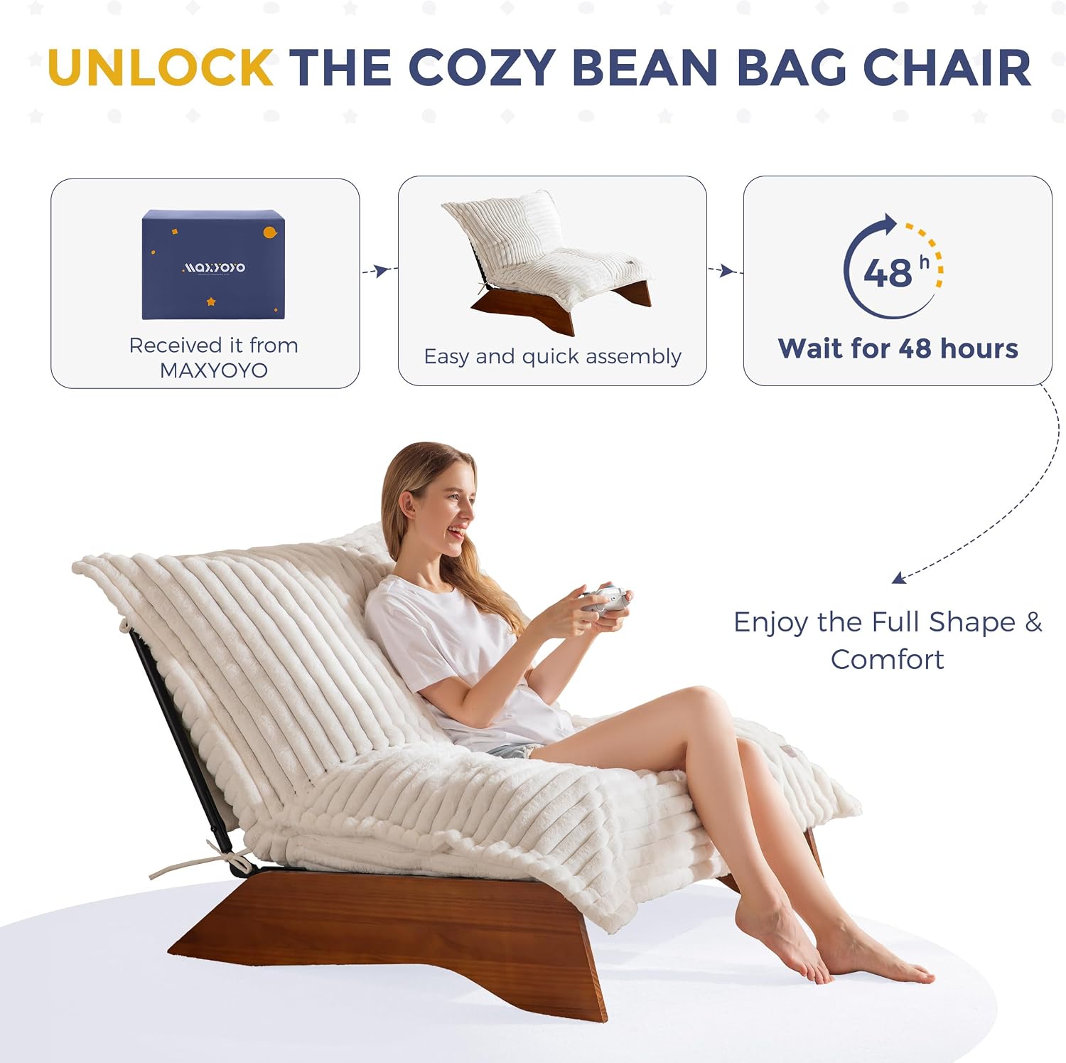MAXYOYO Adjustable Living Room Chair, 3-Position Bean Bag Chair with Frame | Upholstered Accent Chair with Frame, Removable Cushion, Soft Reclining Lounge for Bedroom, Apartment, Office, Beige