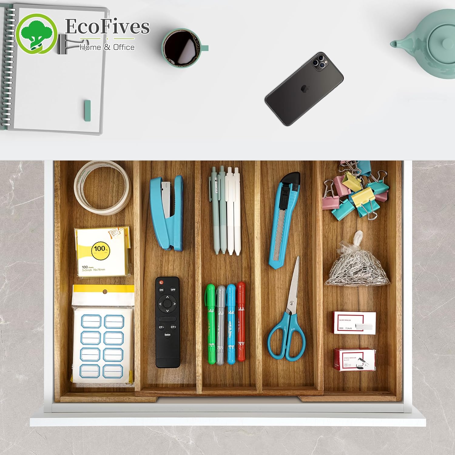 Luxury Acacia Silverware Organizer -Kitchen Drawer Organizer - Utensil Holder and Cutlery Organizer with Grooved Drawer Dividers for Flatware and Kitchen Utensils (5 Slot)