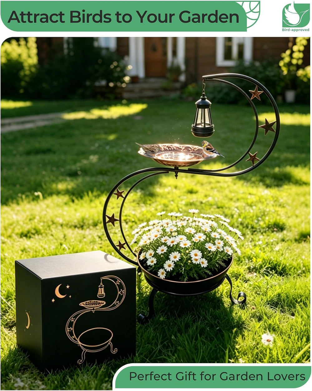 Solar Bird Bath with Flower Planter, S Standing Garden Decor