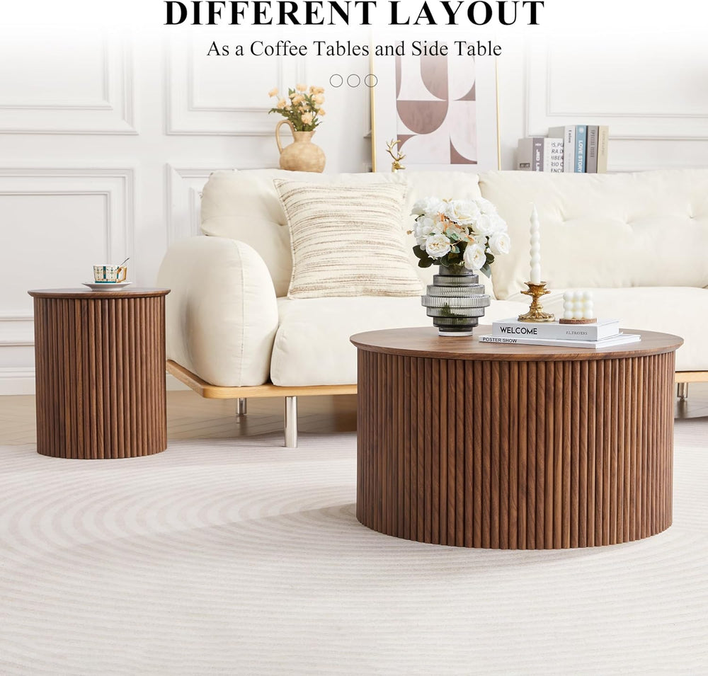 Fluted Round Nesting Coffee Table Set of 2 Circle Center Table Living Room | ...