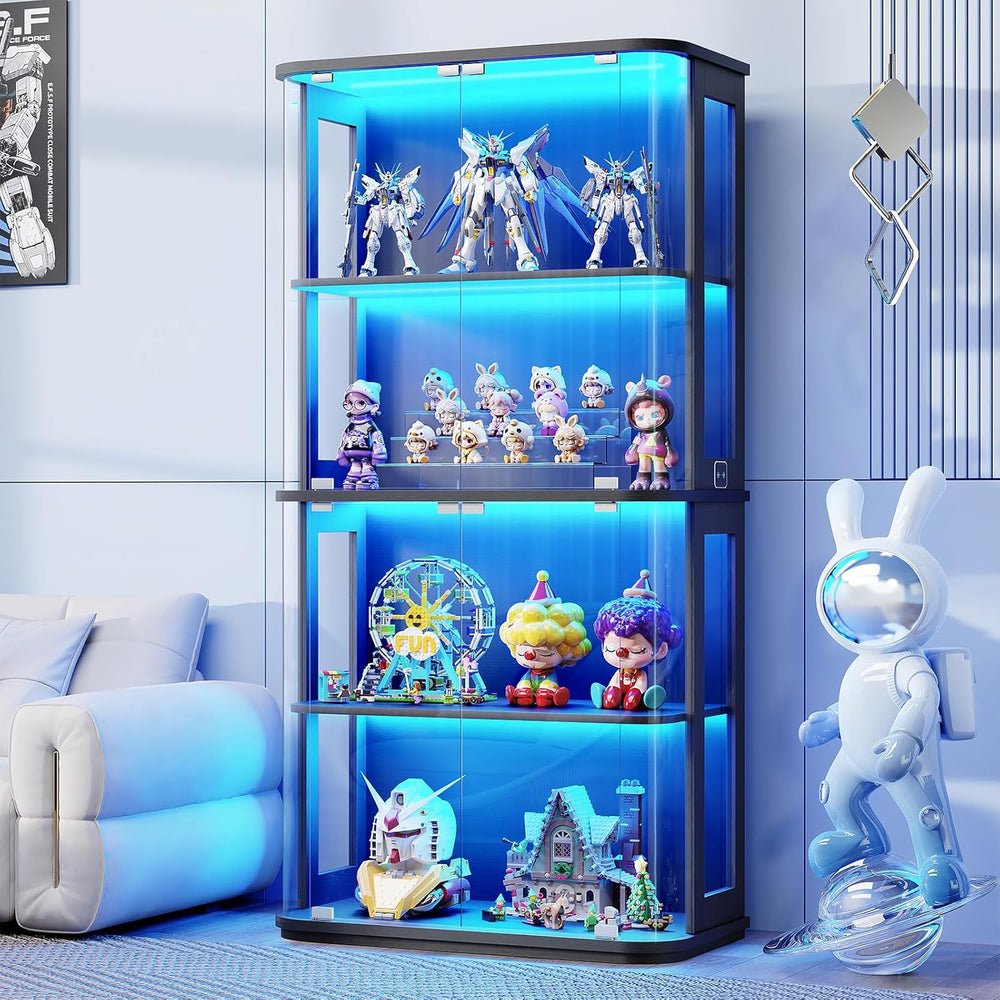 BROTTAR Rounded Display Cabinet with Glass Door, 4-Tier Curio Cabinet with Tr...
