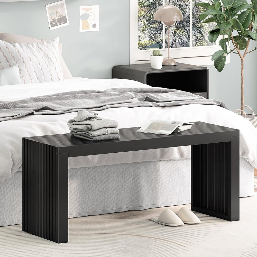 Bamboo Dining Bench, 35'' Slatted Design Entryway Bench, Black | Mode...
