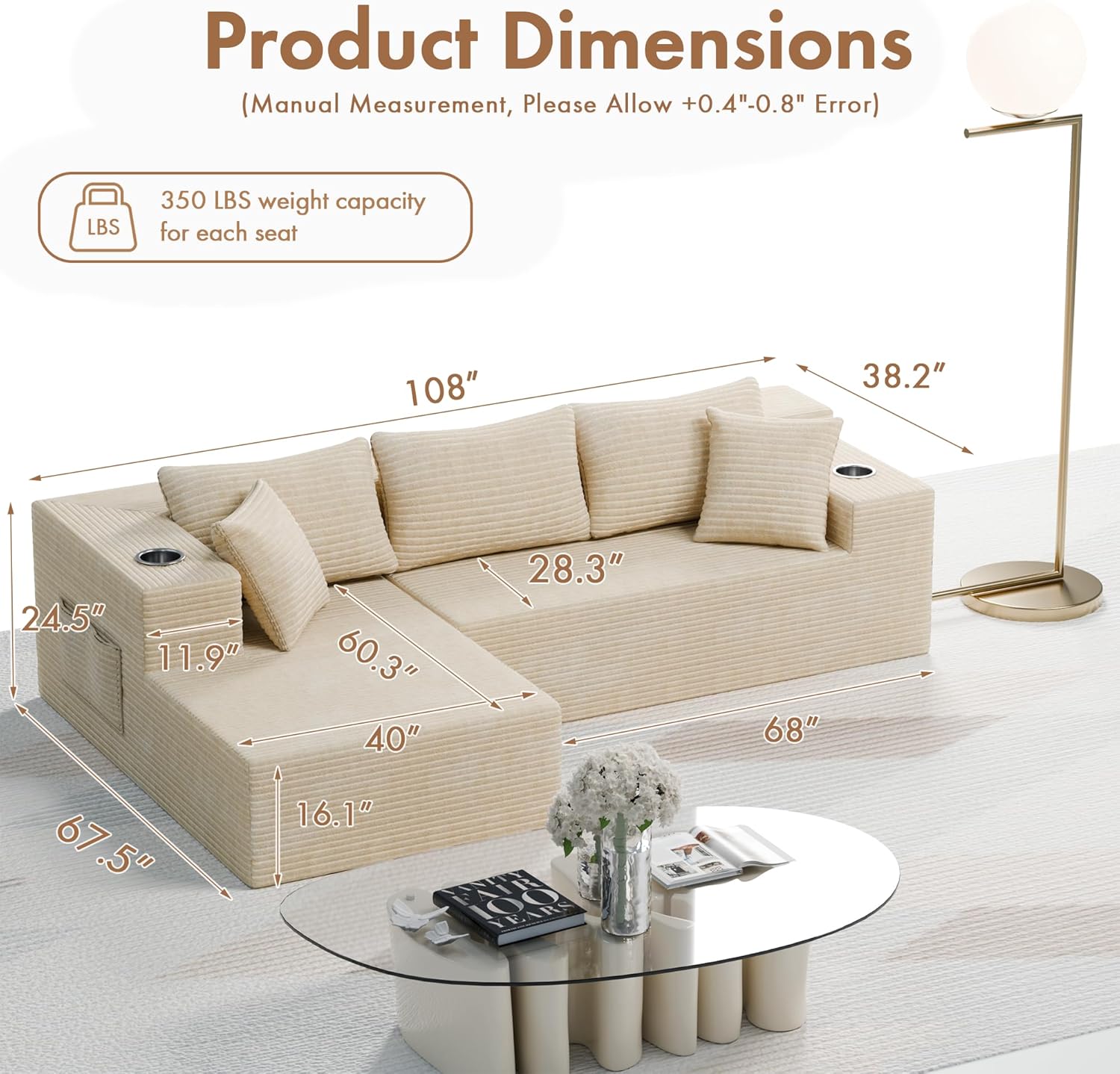 Realbear 108" Cloud Sectional Boneless Couch Sofa with L-Shape Chaise, Modular Sectional Couch with Deep Seat for Living Room Bedroom, No Assembly Required (Beige, 108" Left Facing Chaise)