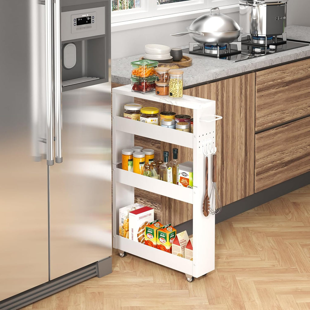 Slim Storage Cart, 4-Tier Kitchen Rolling Cart Narrow Storage Cabinet with Handle & Wheels, Metal Rolling Shelf Unit for Kitchen Bathroom Laundry Small Places(5 in Width/White)
