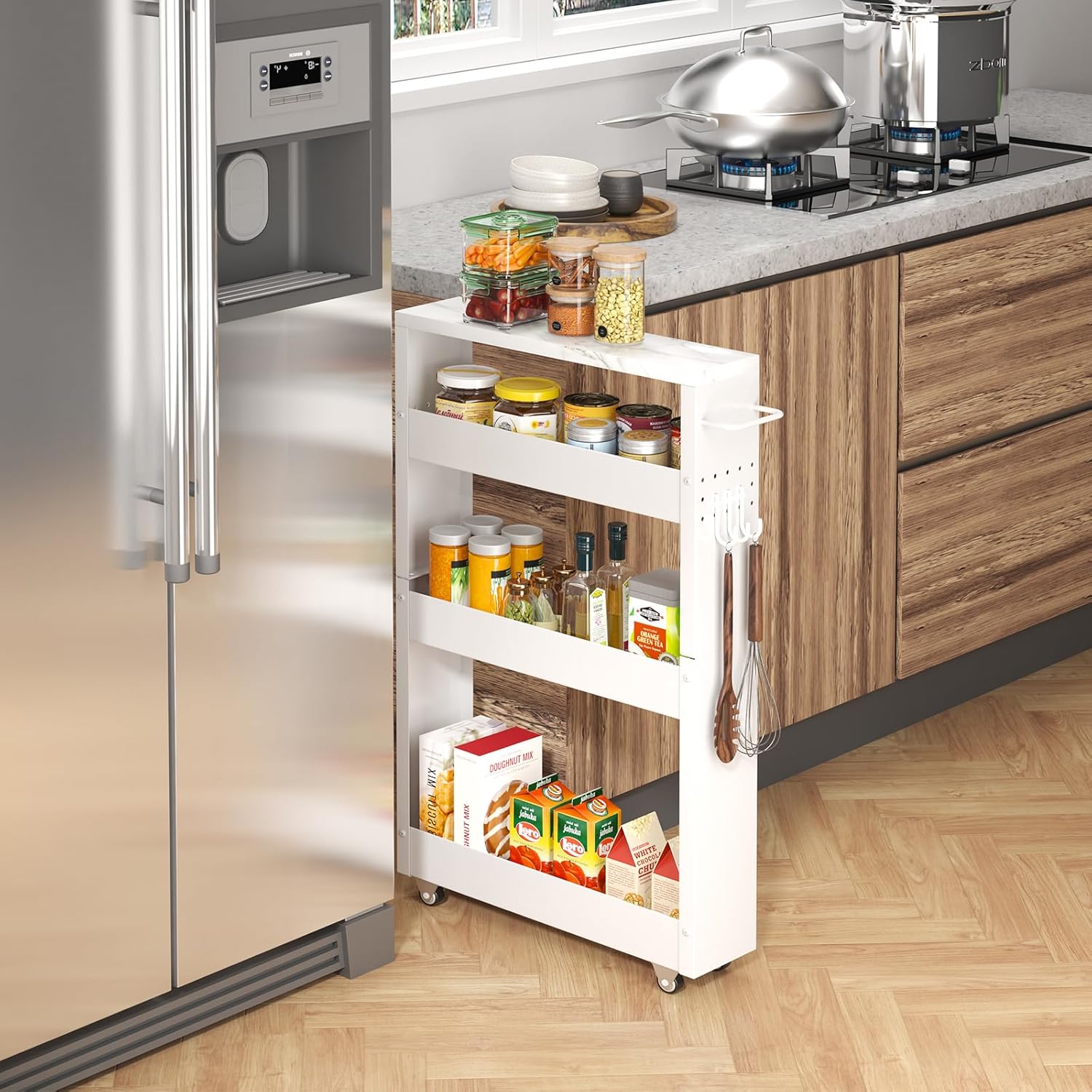 Slim Storage Cart, 4-Tier Kitchen Rolling Cart Narrow Storage Cabinet with Handle & Wheels, Metal Rolling Shelf Unit for Kitchen Bathroom Laundry Small Places(5 in Width/White)
