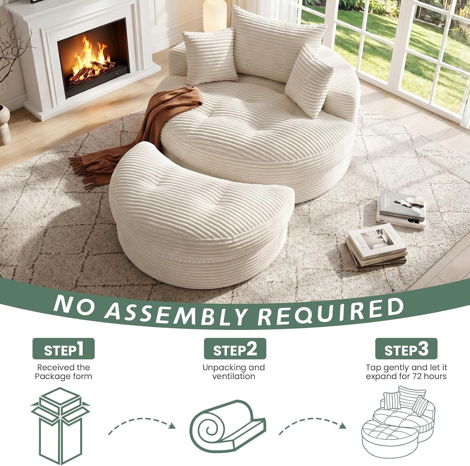 Oversized Round Chaise Lounge Chair, Deep Seat Cloud Boneless Floor Sofa Couch, Upholstered Corduroy Sleeper with 3 Pillows & Optional Ottoman, No Assembly Modern Lazy Floor Lounger for Living Room