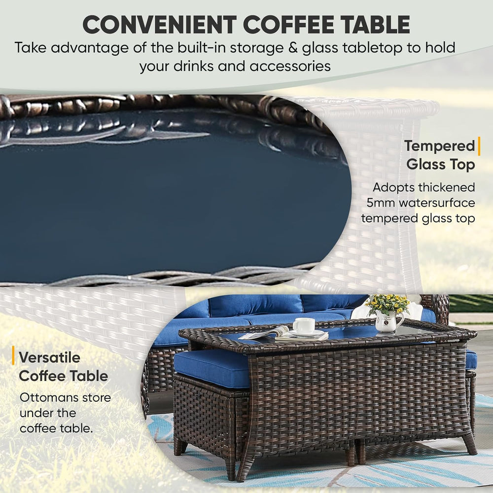 Belord Outdoor Coffee Table with Tempered Glass Top, Patio Rectangular Brown ...