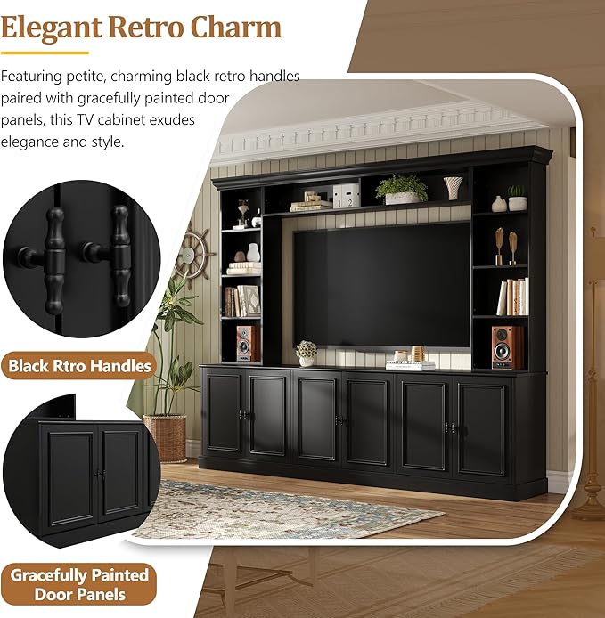 SOFTSEA 4-Piece Entertainment Center Wall Unit for TVs up to 70", Large TV Stand Wall Unit with Bookshelves, 6 Doors & Adjustable Shelves, Media Console with Bridge for Living Room, Black