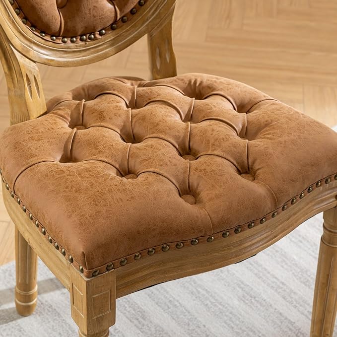 French Country Dining Chairs Set of 2,Farmhouse Upholstered Dining Room Chairs with Tufted Round Back&Solid Leg,PU Leather Kitchen Side Chairs for Kitchen/Bedroom/Dining Room,Tan