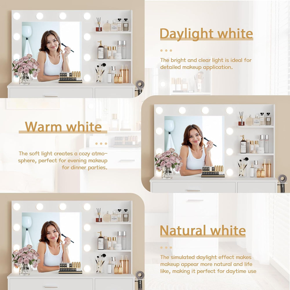 Furmax Vanity Desk with LED Lighted Mirror&Power Outlet, Makeup Vanity Ta...