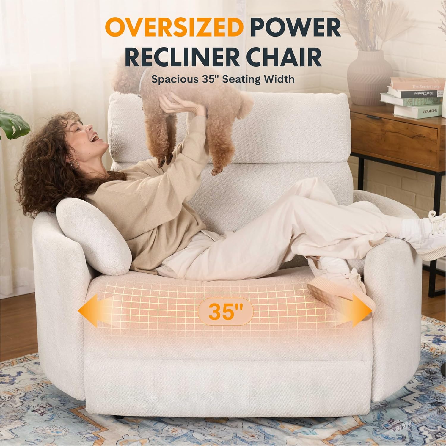 FLEXISPOT Mochi Oversized 54" Power Recliner Chair for Big and Tall Adults, Chenille Fabric Electric Recliner with USB & Type-C Ports, Wide Single Sofa with Pillows for Living Room & Bedroom, Beige