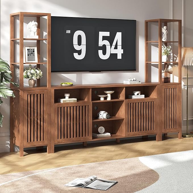 Farmhouse TV Stand for 70 inch TVs, Entertainment Center with Bookshelves - 4 Door Media Console with Adjustable Shelves, Storage Cabinet for Living Room Bedroom Home Theater, Rustic Brown