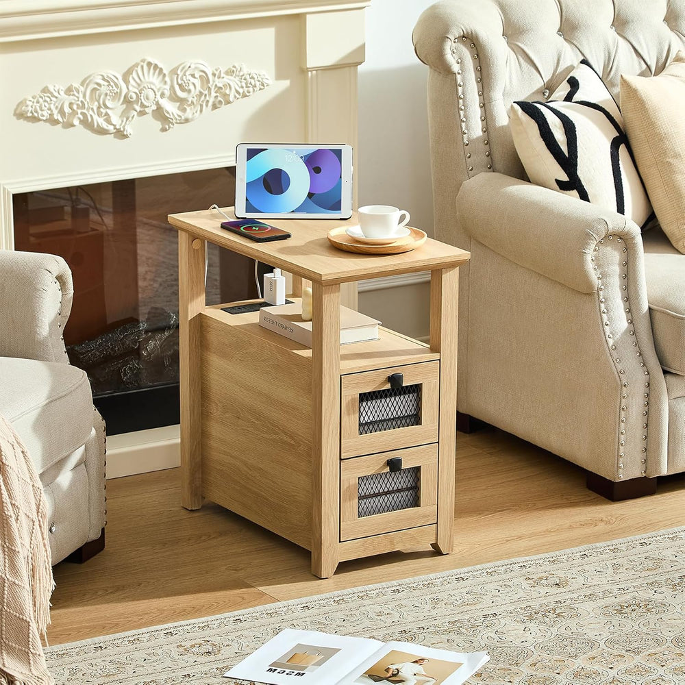 HDDDZSW Farmhouse XXL End Table with Charging Station, Narrow Side Table with...