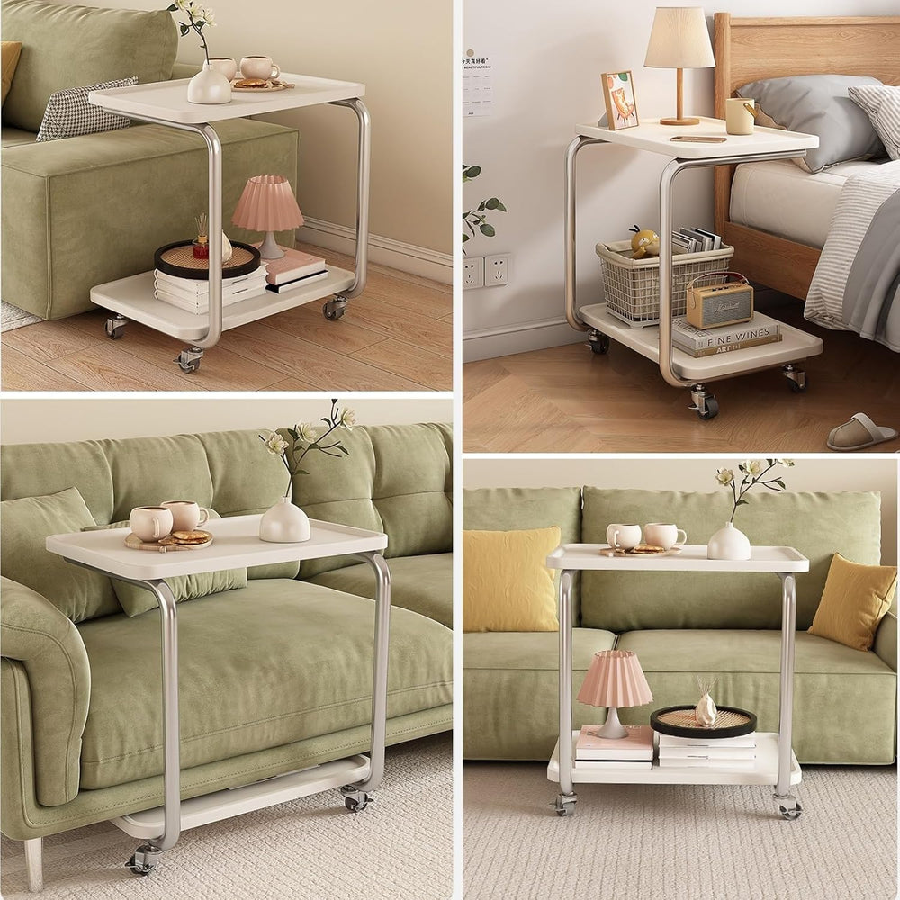 C Shaped End Table with Wheel TV Tray Sofa Table Metal Frame Waterproof Top M...