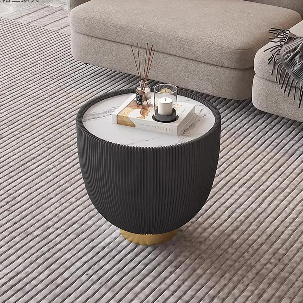 Penau Modern Round Side Table, Faux Marble Sintered Stone Top with Microfiber...