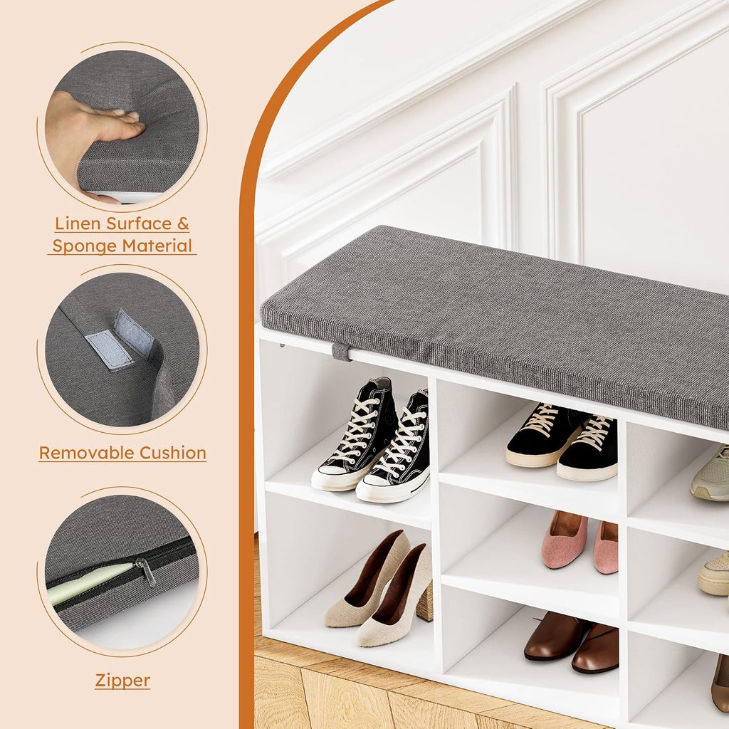 Shoe Storage Bench with Cushion, 41'' Long Entryway Bench with 10 Compartments Shoe Rack, Multifunctional Cubby Storage Organizer for Living Room, Hallway, Bedroom and Closet, White