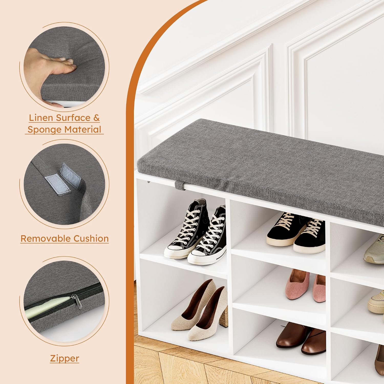 Shoe Storage Bench with Cushion, 41'' Long Entryway Bench with 10 Compartments Shoe Rack, Multifunctional Cubby Storage Organizer for Living Room, Hallway, Bedroom and Closet, White