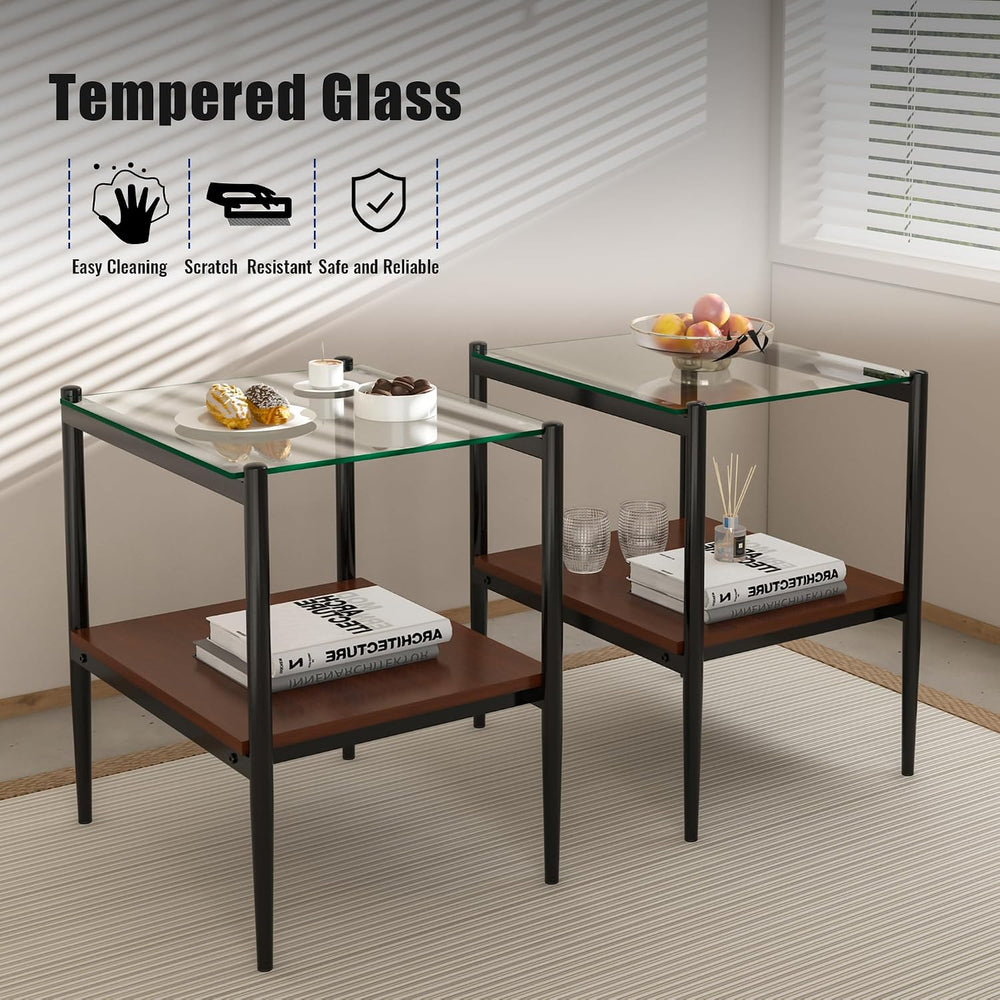 Set of 2 Rectangle End Tables, Tempered Glass Top Nightstands with MDF Shelf,...