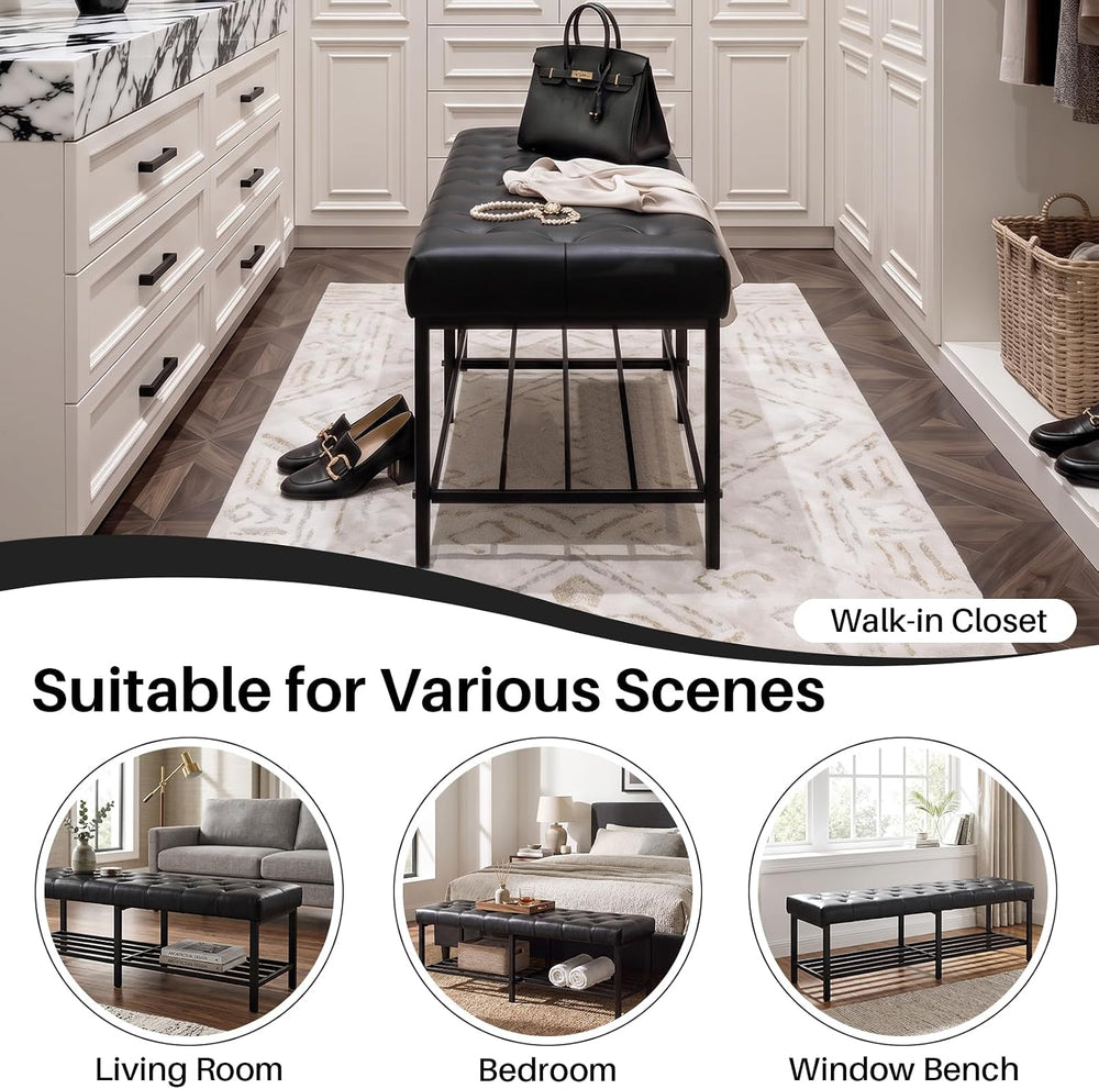 SOFTHION 55.5" End of Bed Bench, Faux Leather Entryway Bench, Black | Mo...