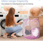 Strong Mesh Pop-up Laundry Hamper, Quality Pop Up Hampers for Laundry with Durable Handles Solid Bottom High Carbon Steel Frame, Easy to Open and Fold Flat for Storage(Light Pink)
