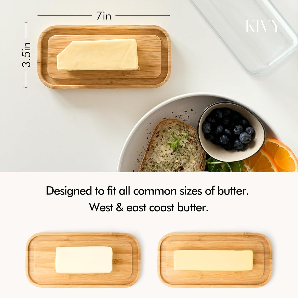 KIVY Butter Dish (White Marble & Glass) - For countertop and refrigerator door shelf - Marble butter keeper - Stone butter dish - Glass butter dish with lid - Dishwasher Safe