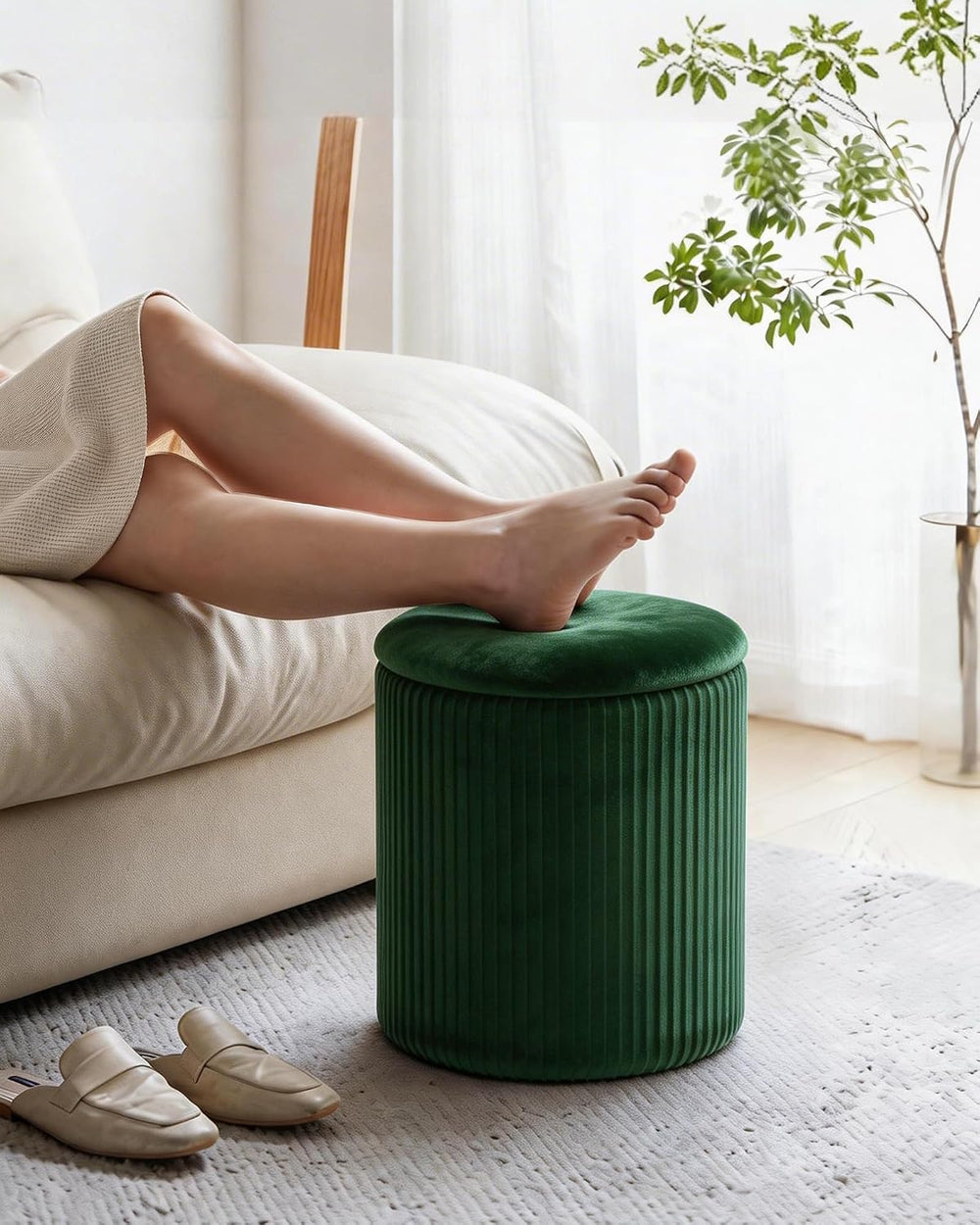 LITZFUR Round Ottoman with Storage, Velvet Foot Rest Stool, Green | Versatile...