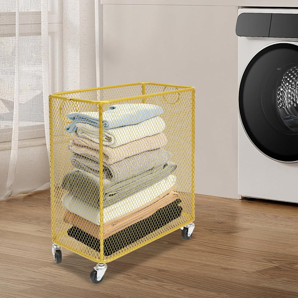 Metal Storage Cart Rectangular Mesh Wire Rolling Laundry with Ring Handles, G...