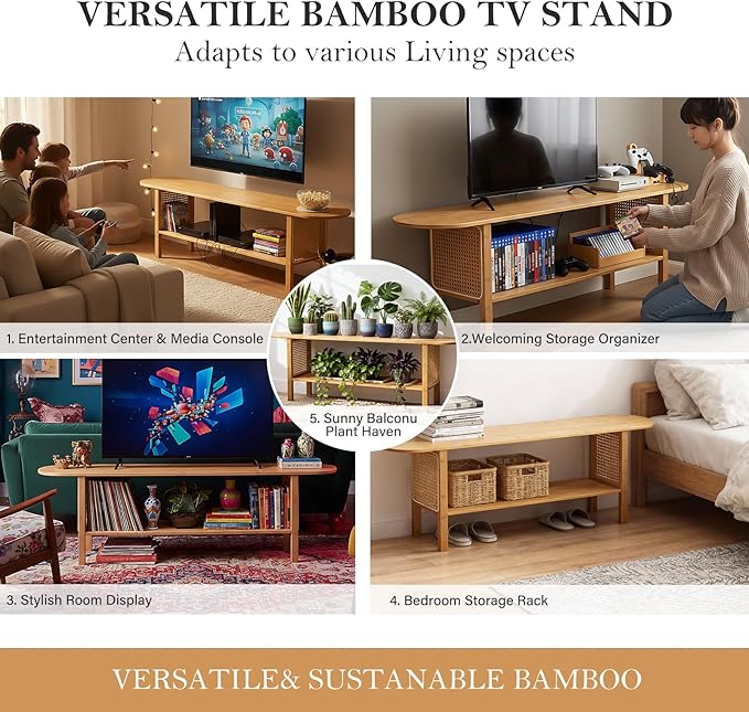 Tiita TV Stand with Storage for TVs up to 65'', Bamboo TV Console Entertainment Center with 2 Open Shelf, Mid Century Modern Media Console for Living Room, Bedroom, Wood