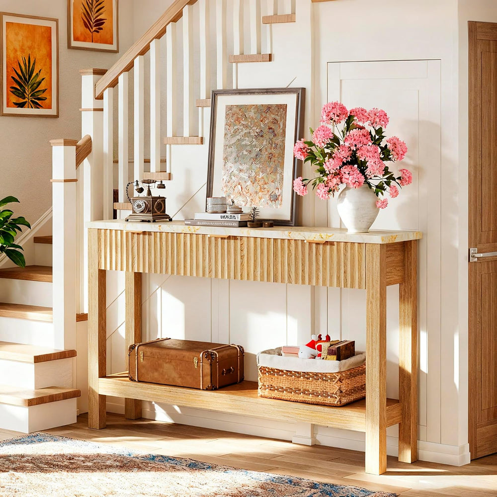 HUAHUU 47.2" Fluted Console Table with 3 Drawers, Long Sofa Table with S...