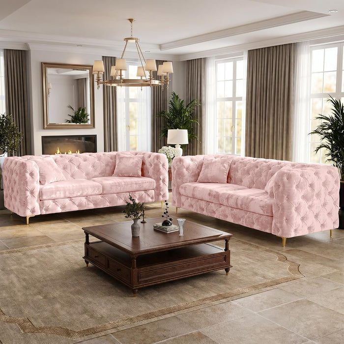 2-Piece 75" Mid Century Velvet Sofa Set, Tufted Back, Gold Metal Legs