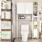Over The Toilet Storage Cabinet with Doors - 7 Tier Bathroom Organizer with Adjustable Shelf, Freestanding Space Saver Rack Above Toilet Stand with 4 Hooks for Bathroom, Restroom, Laundry, White